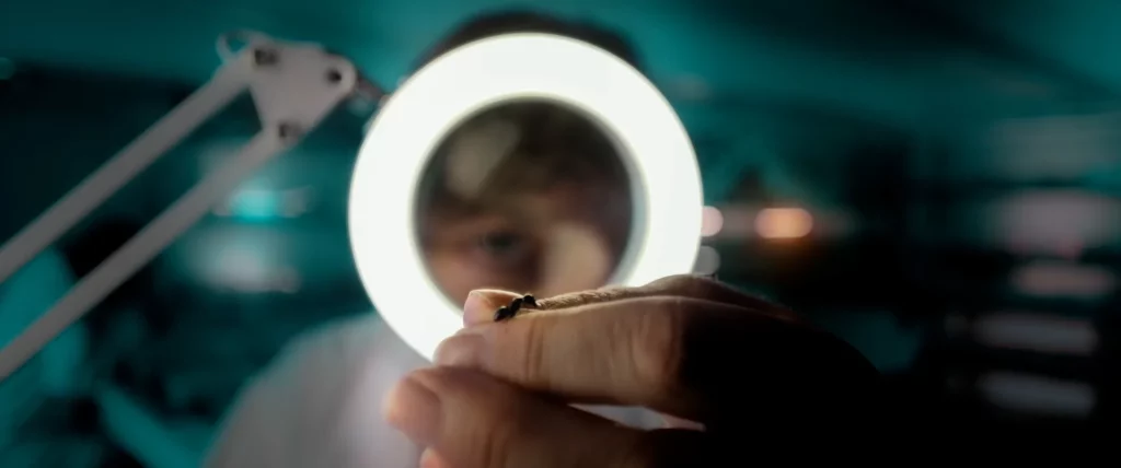 Main présentant une fourmi sous une lampe circulaire dans un laboratoire de recherche.