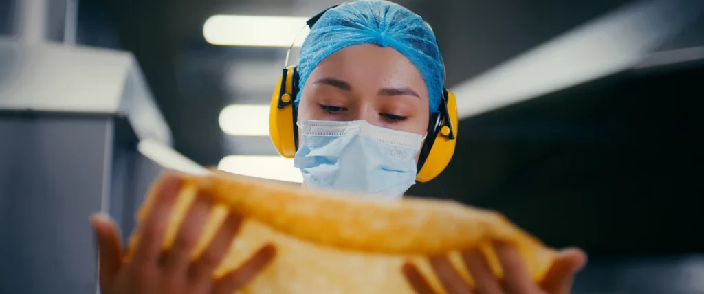 Opératrice équipée d’une charlotte, d’un masque et de protections auditives contrôlant une crêpe en atelier.