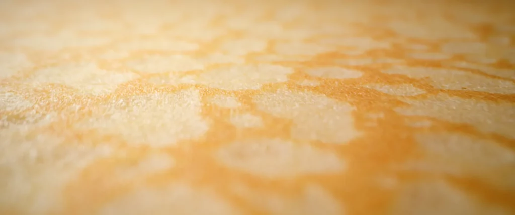 Très gros plan sur la surface dorée et alvéolée d’une crêpe fraîchement cuite.