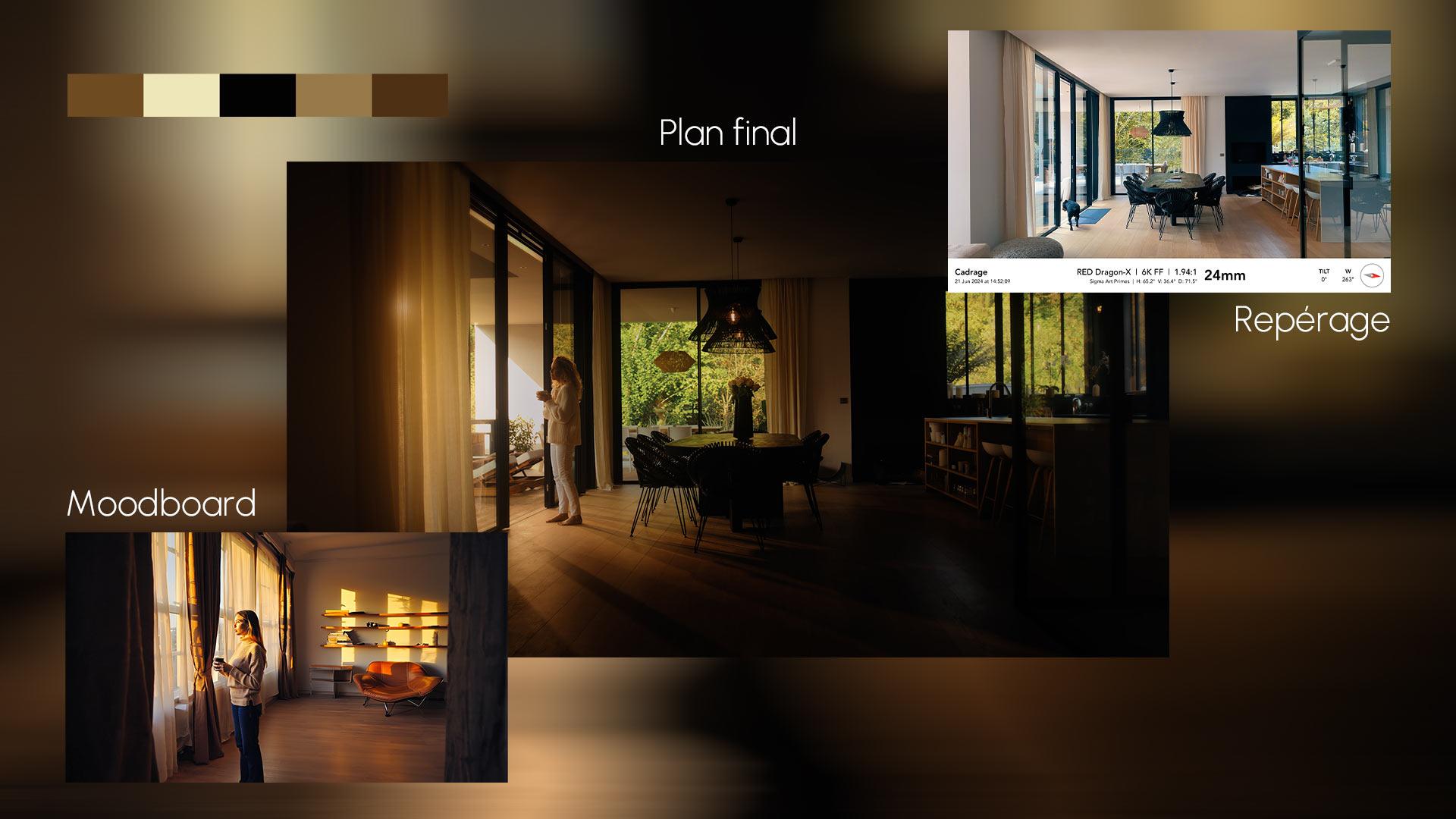 Montage illustrant le processus créatif d'une publicité pour Bocahssy : moodboard d'inspiration, repérage de la maison et plan final tourné, montrant l'importance de la vision artistique dans une production vidéo.