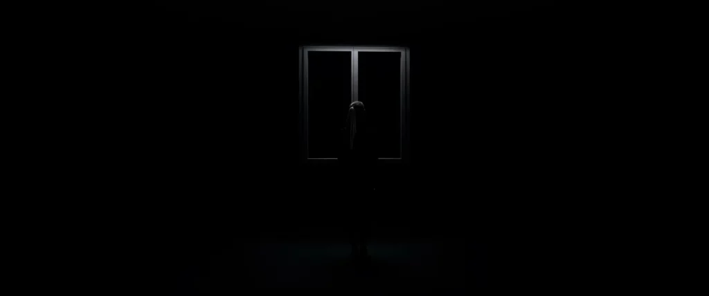 Silhouette d’un modèle face à une fenêtre premium Bochassy éclairée dans un studio noir minimal.