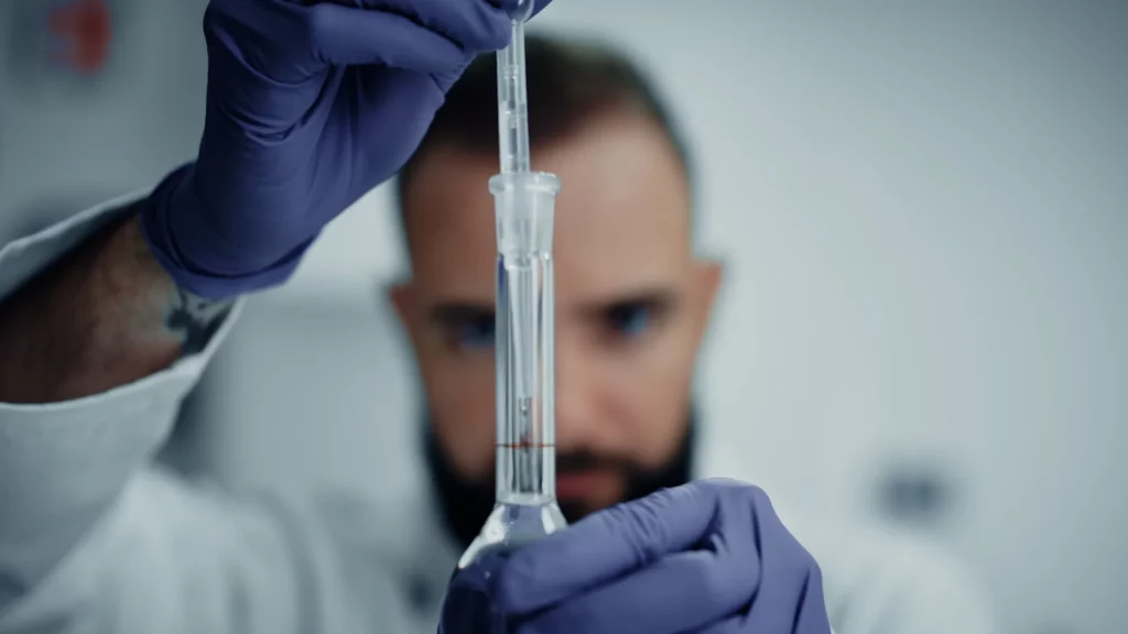 about-slider-geste-laboratoire-pipette Main gantée manipulant une pipette en laboratoire, pour illustrer la précision d’un geste scientifique.