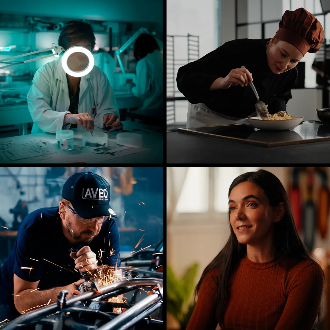 Montage de quatre scènes de tournage en laboratoire, cuisine, industrie et portrait pour montrer la diversité des sujets filmés.