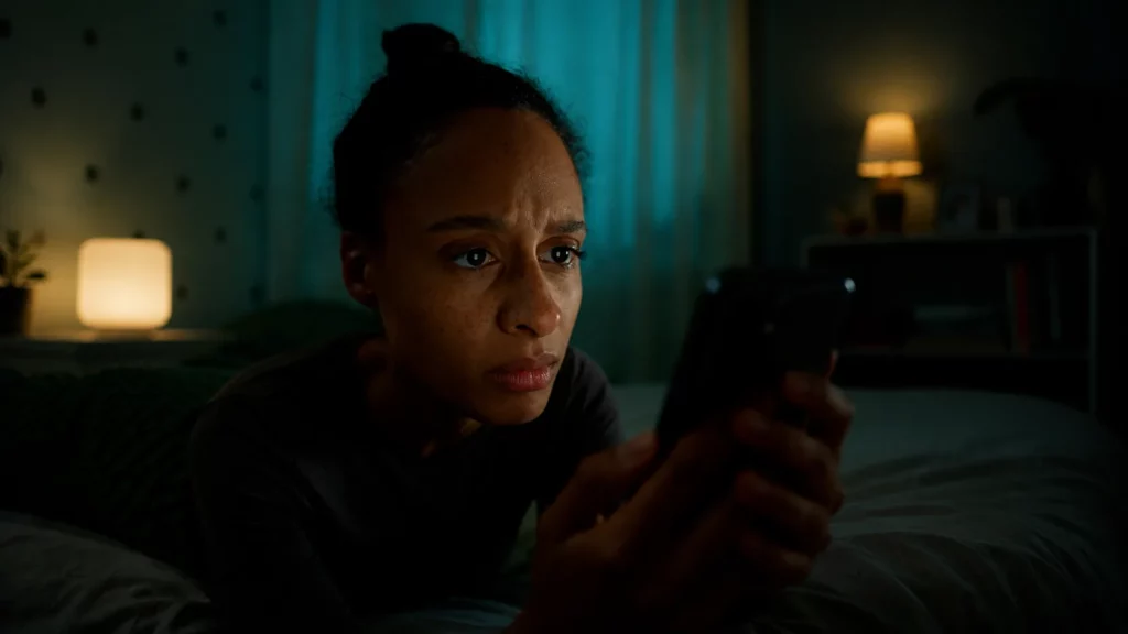 Jeune femme inquiète regardant son téléphone dans une chambre sombre pour illustrer l’isolement lié au cyberharcèlement.
