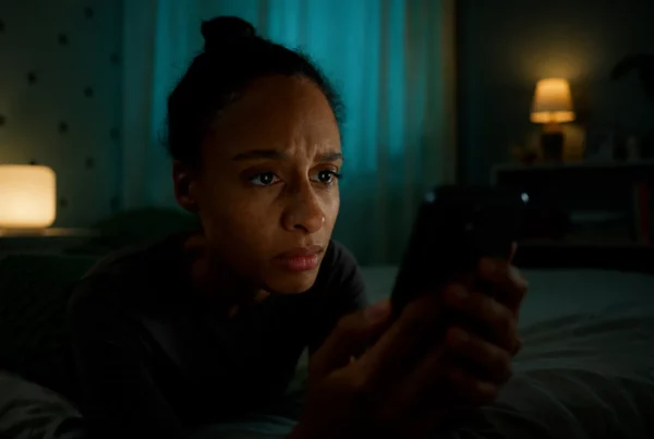 Jeune femme inquiète regardant son téléphone dans une chambre sombre pour illustrer l’isolement lié au cyberharcèlement.