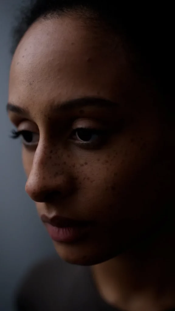 Portrait vertical d’une jeune femme dans une lumière froide pour la campagne Sephora Hearts Not Hate contre la haine en ligne.