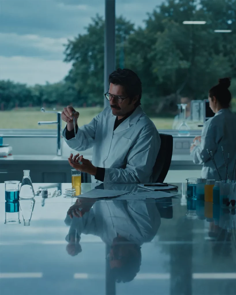 Chercheur en laboratoire manipulant un échantillon dans le film signature YDEO