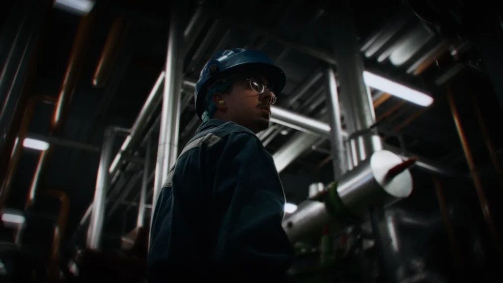 Apprenti portant un casque de protection dans un atelier industriel, entouré de structures métalliques.