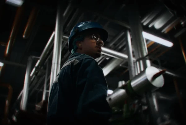 Apprenti portant un casque de protection dans un atelier industriel, entouré de structures métalliques.