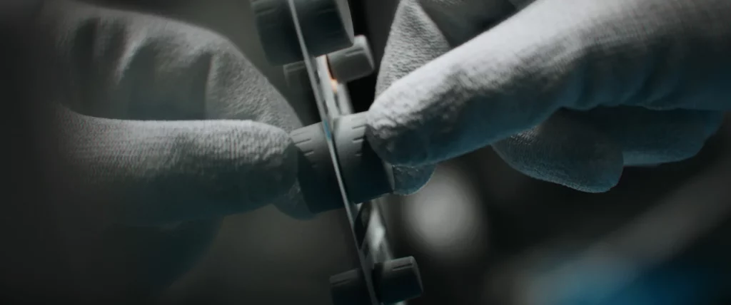 Mains gantées réalisant un geste technique de précision dans un environnement industriel.