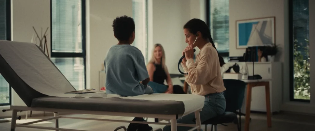 Professionnelle de santé auscultant un enfant avec un stéthoscope lors d’une consultation, scène du film YDEO Ensemble, formulons votre avenir