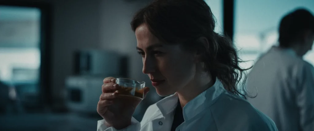 Femme en blouse blanche examinant un échantillon dans un laboratoire, scène du film YDEO Ensemble, formulons votre avenir