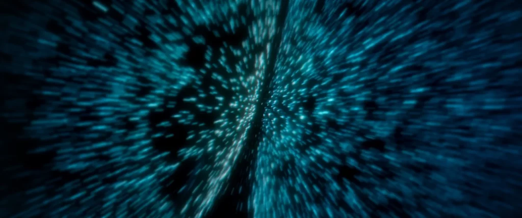 Plan macro abstrait aux reflets bleus dans le film YDEO Ensemble, formulons votre avenir